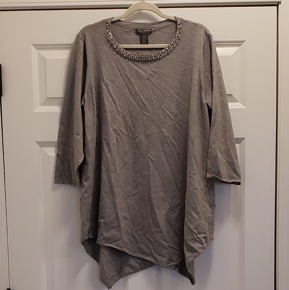 NWT Gray asymmetrical rhinestone sweater 3XL